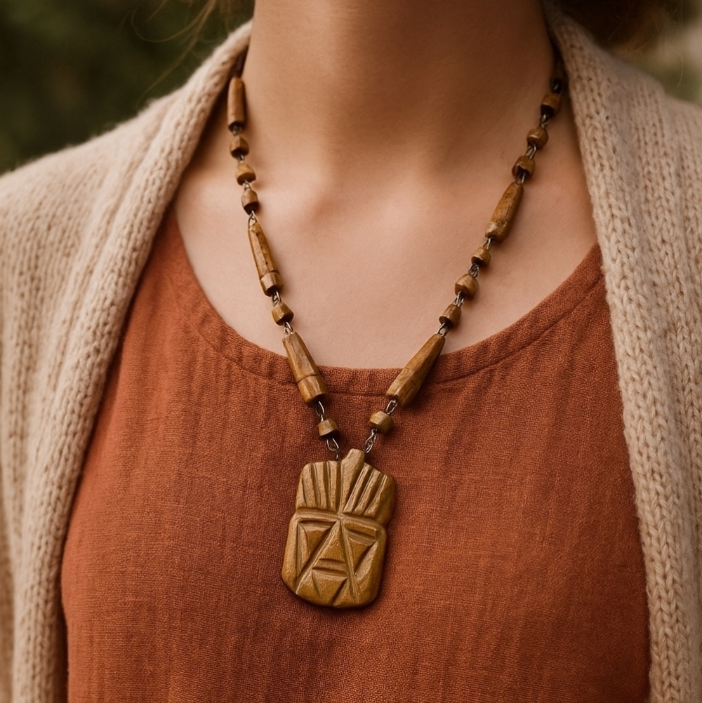 Vintage Hand-Carved Horn Tribal Mask Necklace